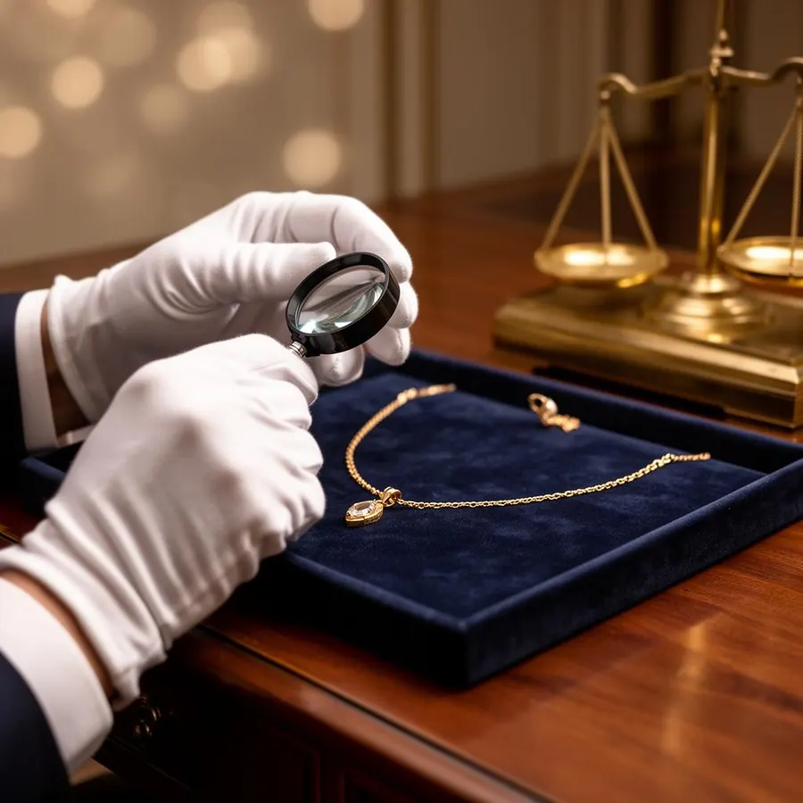 Expert taxeert gouden ketting met loep en weegschaal in Delft